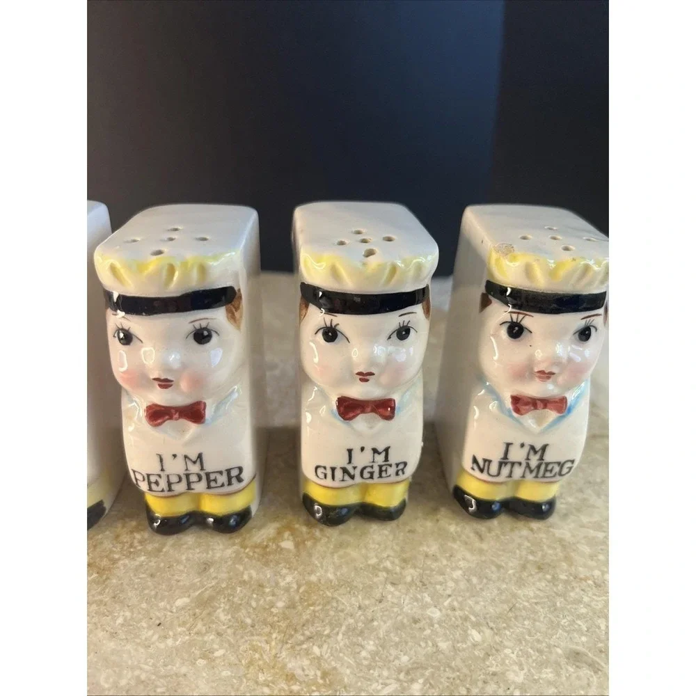 Set Of 6 1950's Royal Sealy Anthropomorphic Im Chef Ceramic Spice Shakers Japan